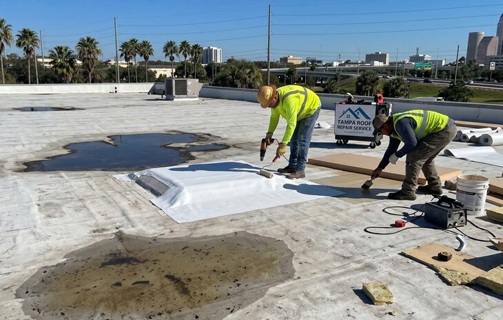 contractors repairing a flat roof